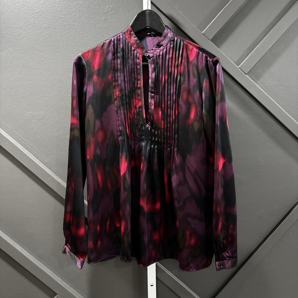 Theory Blouse Size S Purple Magenta Abstract Print Pintuck Keyhole Long Sleeve